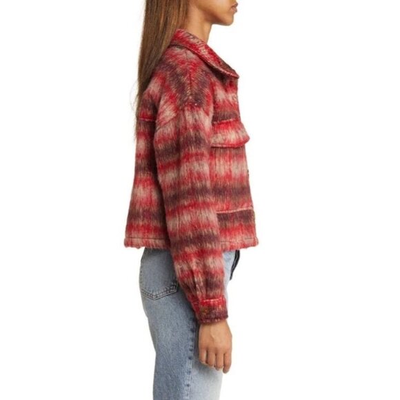 Vigoss M Brushed Plaid Crop Jacket Faux Fur Aztec Western Shacket Chest Pocket - Picture 2 of 11